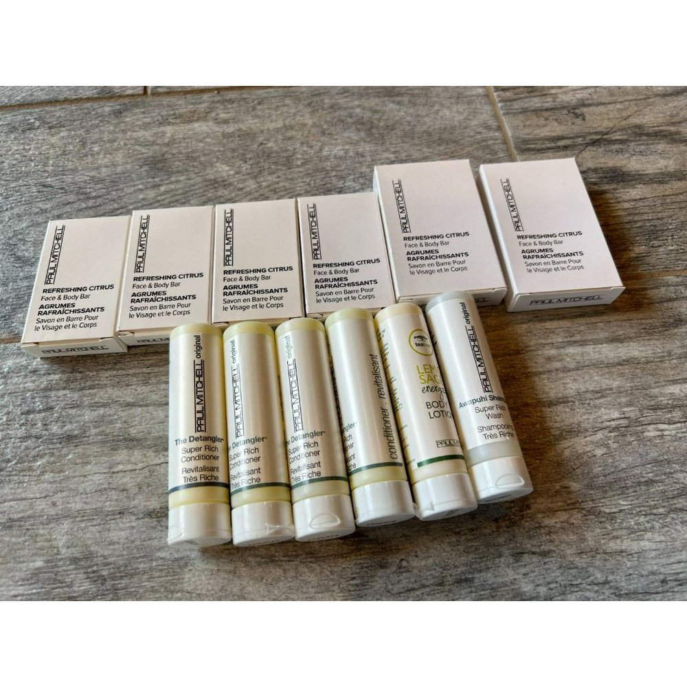 Paul Mitchell travel size Toiletries 12 pc Lot Soap Shampoo Hotel Lotion NWT TSA